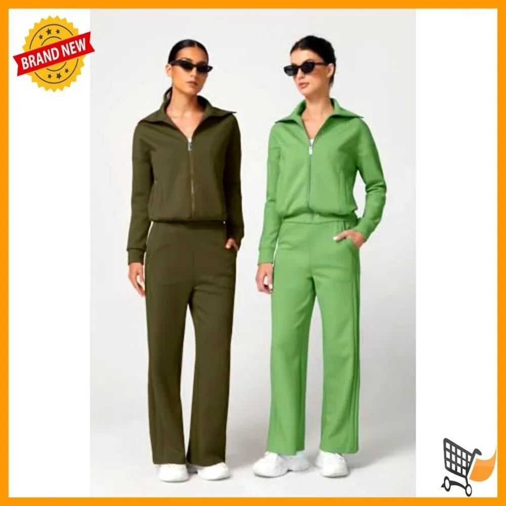 Cotton Zip-Up Sweatshirt and Wide Leg Pants Matching Tracksuit Set